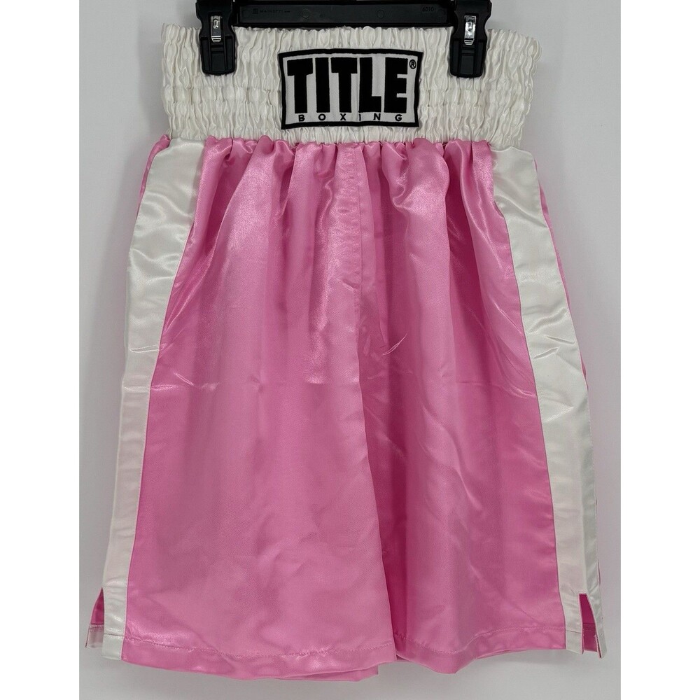TITLE Boxing Men’s L Pink White Professional Satin Boxing Trunks Shorts NWOT